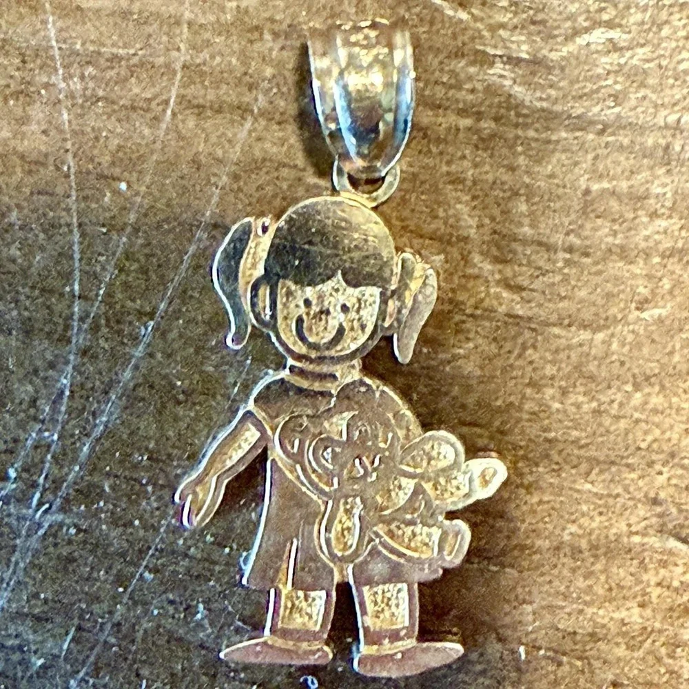 14K Yellow Gold Baby Girl Pendant Child Kid Teddy Bear Charm For Necklace‎ Chain